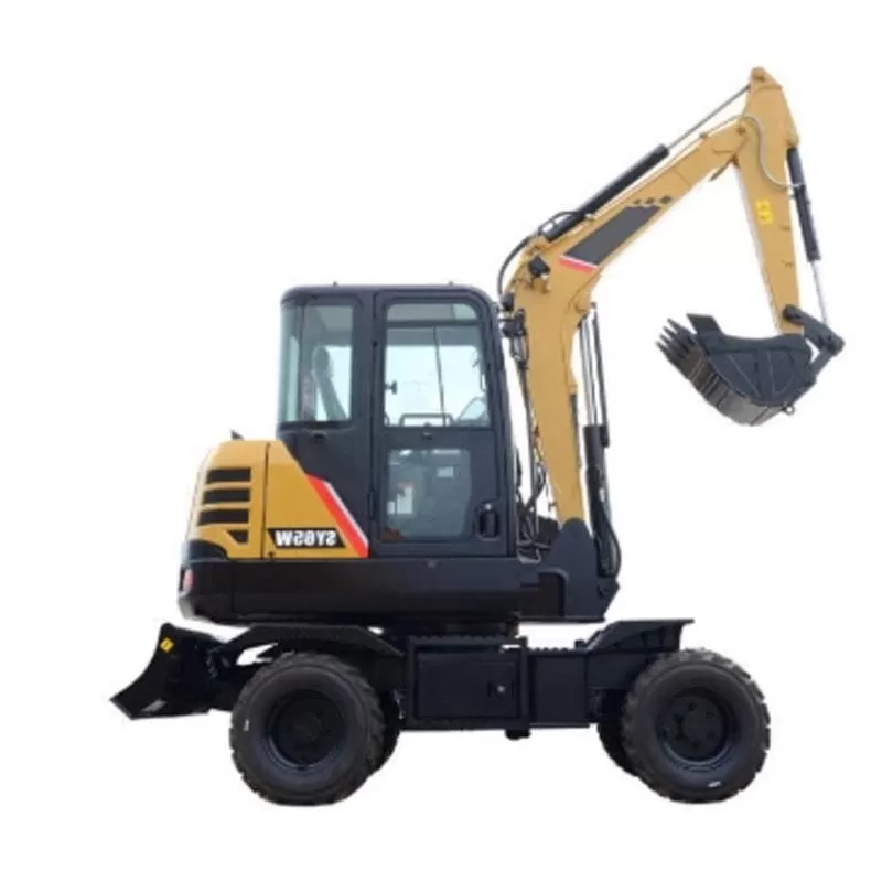 Sy65W 6-ton wheeled excavator from China, with a bucket capacity of 0.21 cubic meters. Spare parts included.