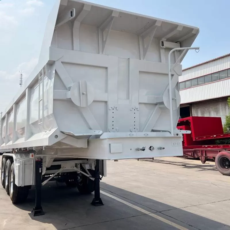 steel 30-80 ton payload 3-axle 9500 mm length self-dumping semi-trailer, for use in mining areas.