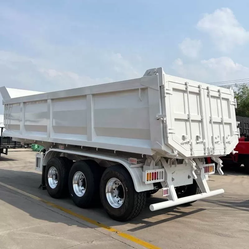 steel 30-80 ton payload 3-axle 9500 mm length self-dumping semi-trailer, for use in mining areas.