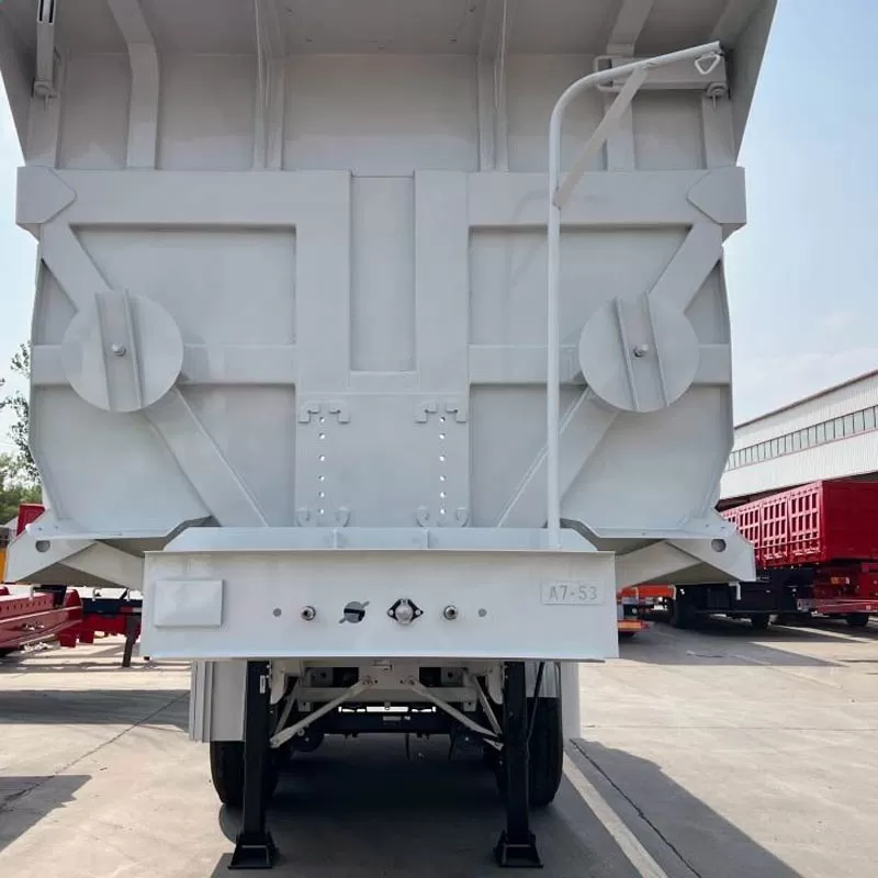 steel 30-80 ton payload 3-axle 9500 mm length self-dumping semi-trailer, for use in mining areas.