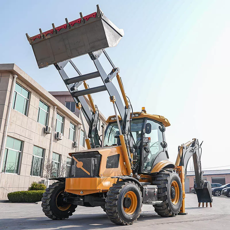 Electric four-wheel drive compact tractor with front loader and backhoe.