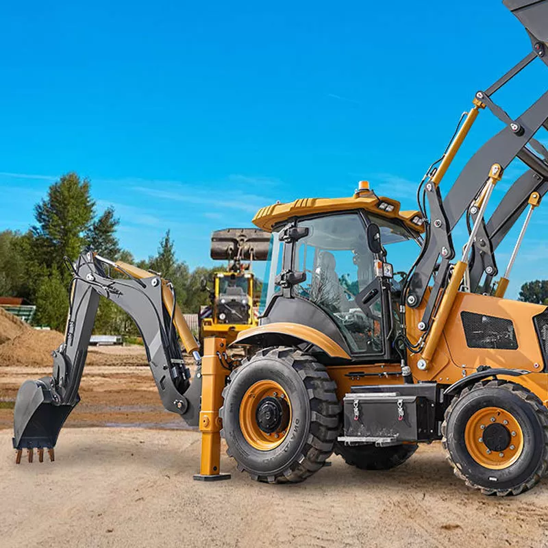 Electric four-wheel drive compact tractor with front loader and backhoe.