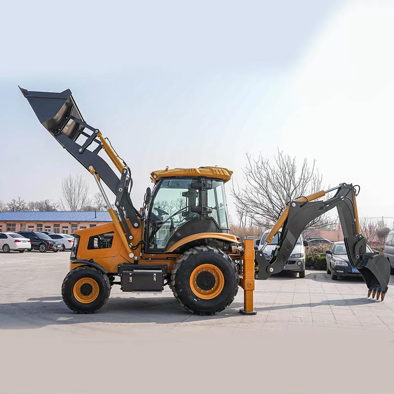 Electric four-wheel drive compact tractor with front loader and backhoe.