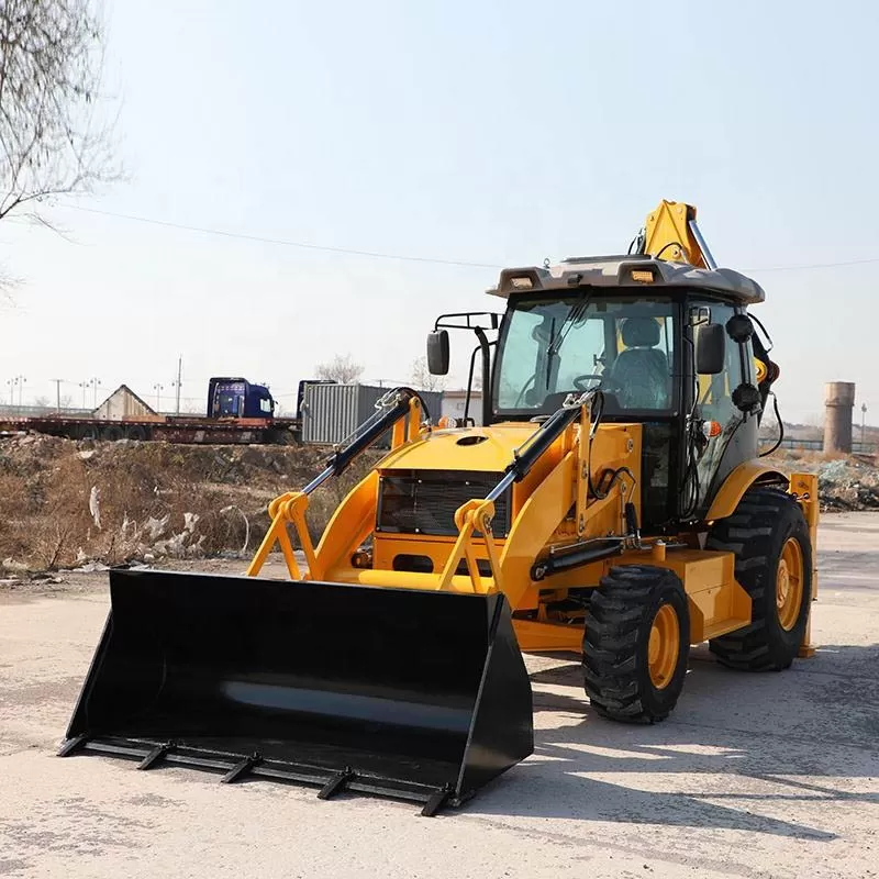 Construction equipment wheeled loader with backhoe and compact backhoe.
