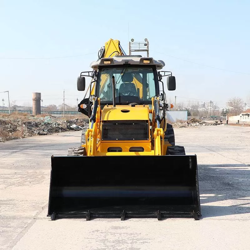 Construction equipment wheeled loader with backhoe and compact backhoe.