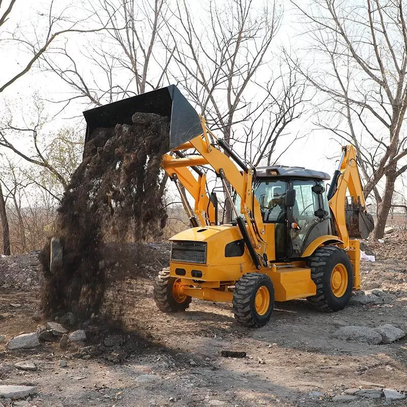 Construction equipment wheeled loader with backhoe and compact backhoe.