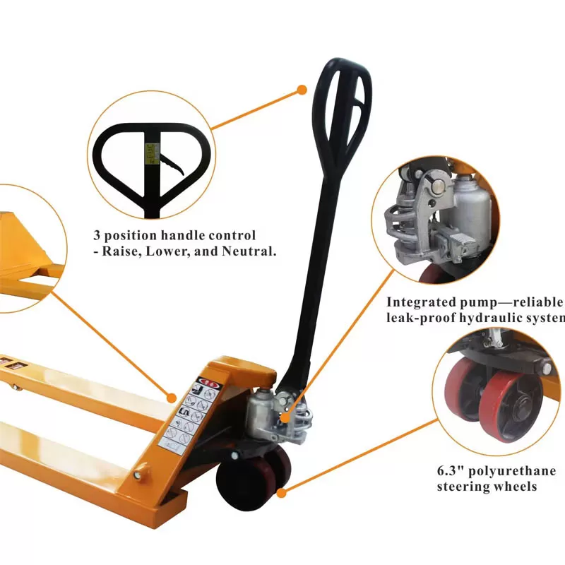 Carretilla hidr&aacute;ulica manual de China con ruedas de nailon de 1,5 a 2,5 a 2500 kg, transpaleta elevadora