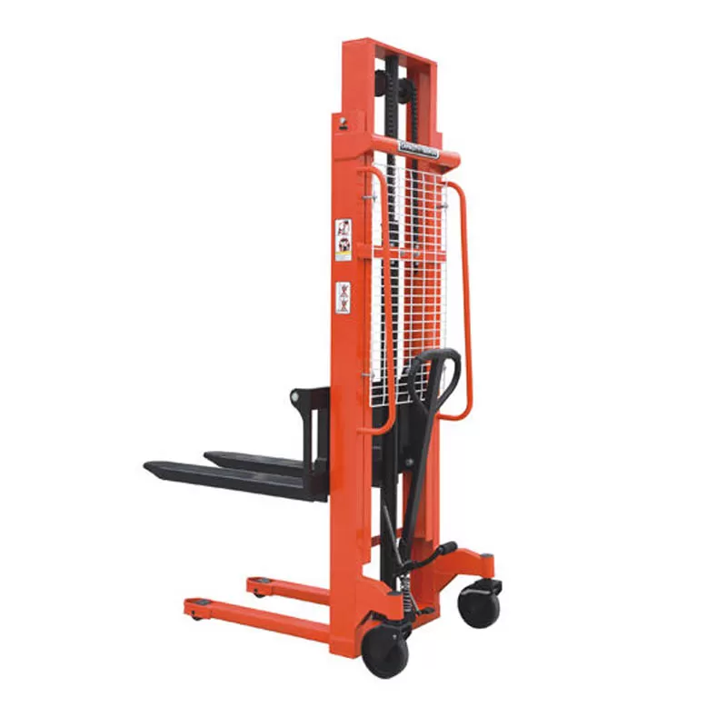 Manual pallet stacker crane manufactured in China; manual hydraulic lifting and loading/unloading stacker crane.