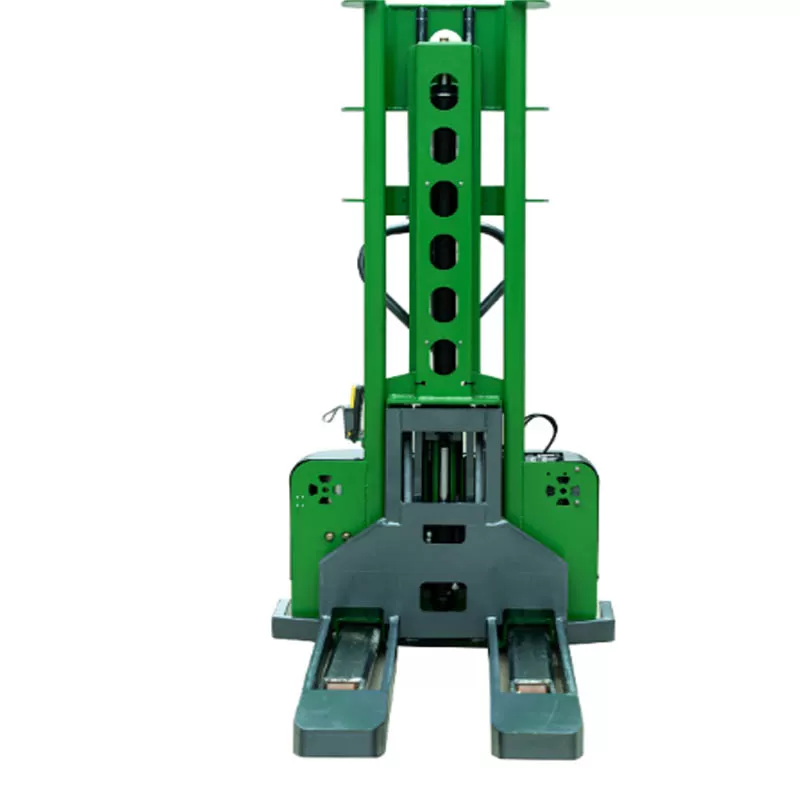 The electric self-lifting stacker can accommodate large cargo containers and is remotely controlled.