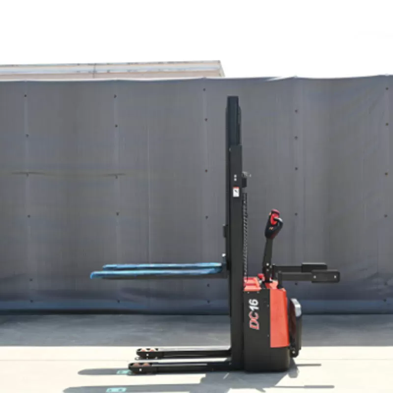 Standing electric forklift, economical industrial warehouse stacking equipment.