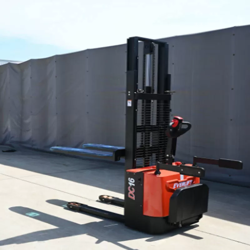 Standing electric forklift, economical industrial warehouse stacking equipment.