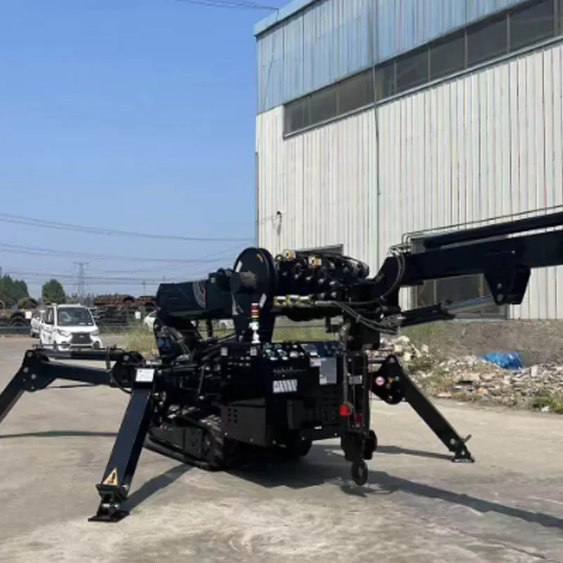 A custom-made black spider crane with a cantilever arm, a miniature crane capable of lifting trees.