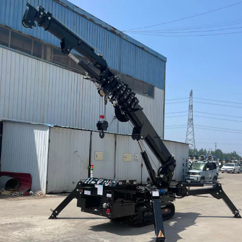 A custom-made black spider crane with a cantilever arm, a miniature crane capable of lifting trees.