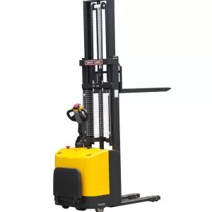 Stacker crane, electric pallet stacker, high-capacity lithium battery, storage, logistics, narrow aisle.