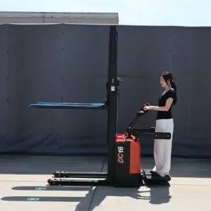 Standing electric forklift, economical industrial warehouse stacking equipment.